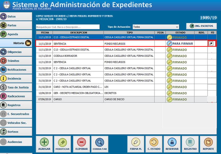 Historia del expediente con actuaciones para firmar