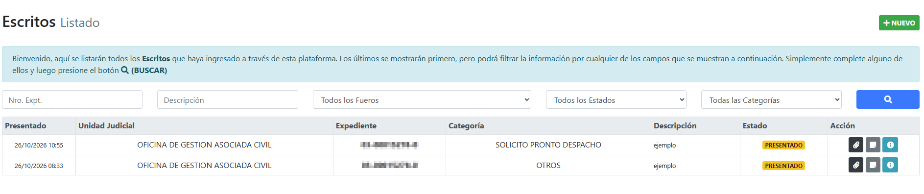Listado de escritos presentados