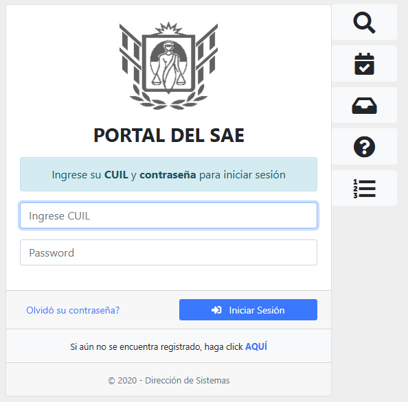 Pantalla de inicio de sesión del Portal del SAE