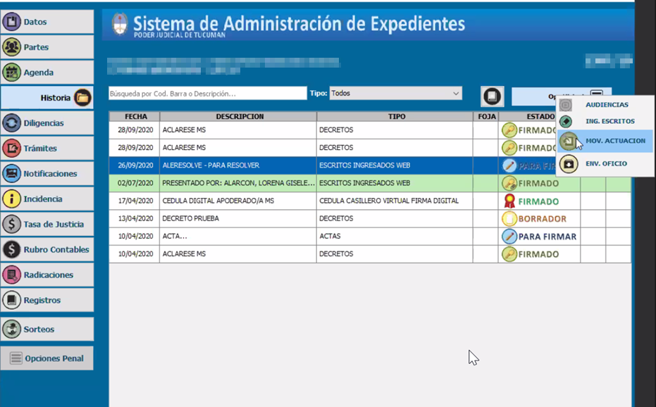 Opciones de historia